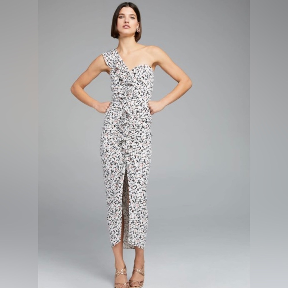 Veronica beard floral one shoulder dress with ruffle down the front.